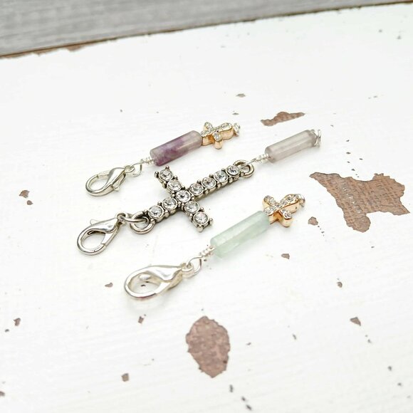Stitch Markers 3 Piece Fluorite Gemstone Rhinestone Cross Charms - Picture 3 of 5